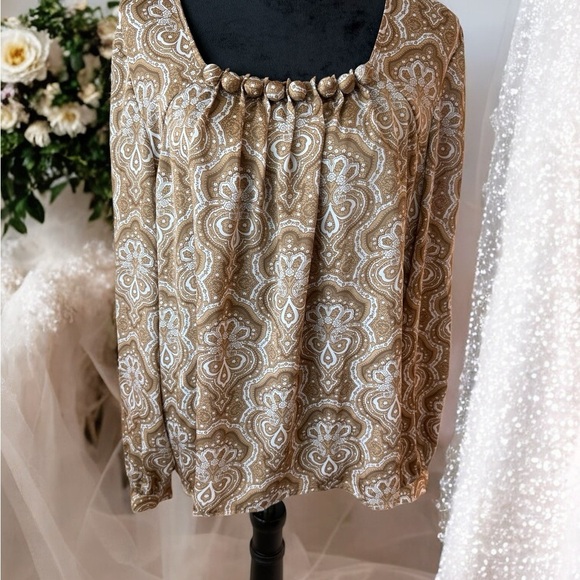 Michael Kors Tan and Cream Smocked Long Sleeve Blouse - Picture 1 of 3